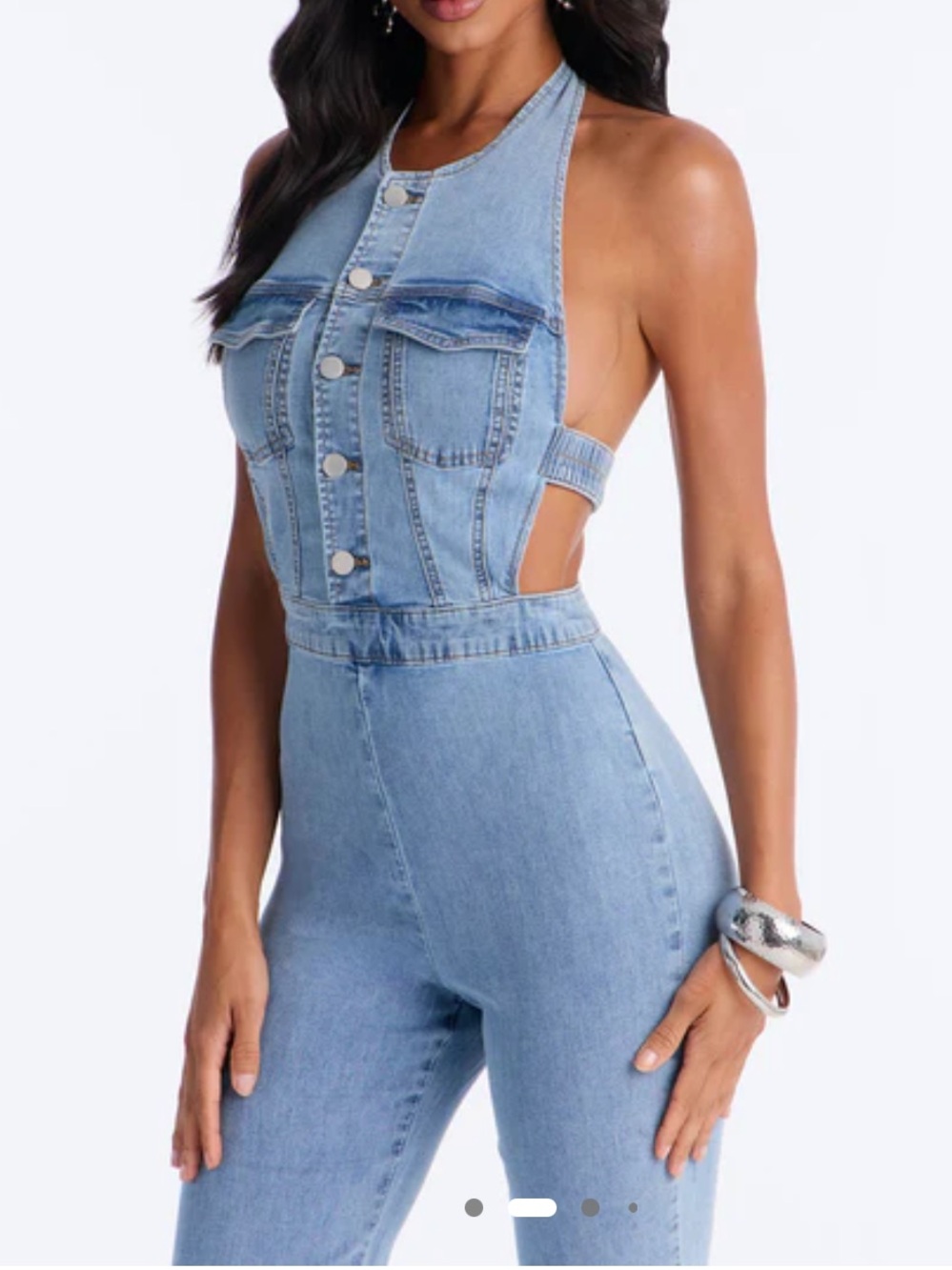 Fashion Nova Light Blue Denim Halter Flared Jumpsuit - Picture 3 of 5